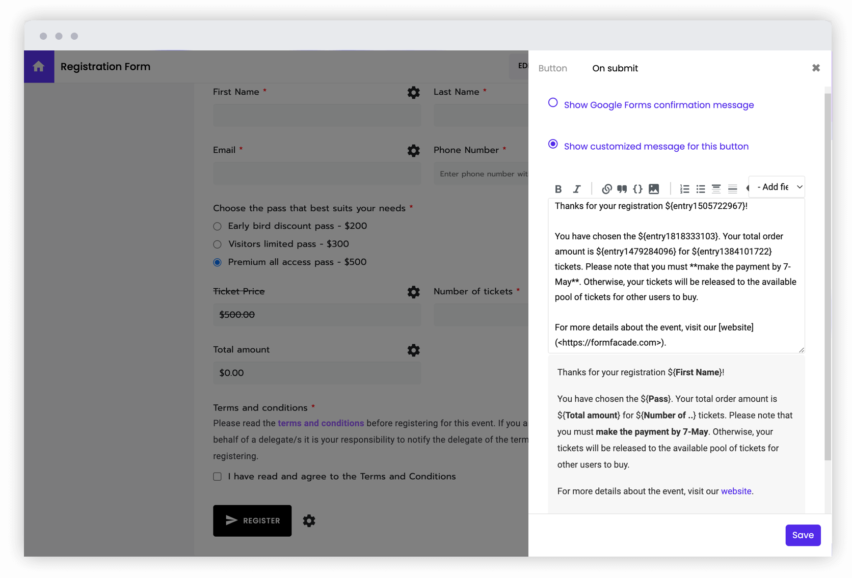 Personalize the thank you message by including form responses and format it using markdown language